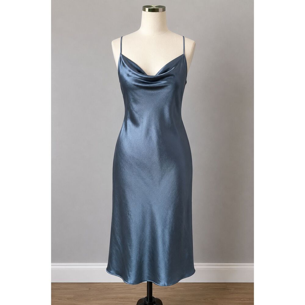 Vintage Bebe Satin Slip Dress Size L Blue Cowl Neck Made in USA